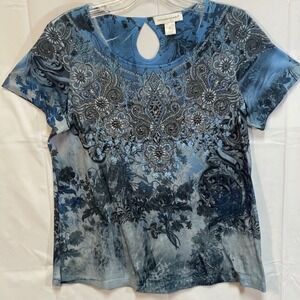 Christopher Banks Blue Floral Embellished Keyhole Neck Short Sleeve Top Womens M